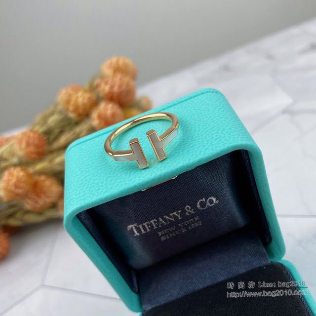 Tiffany飾品 蒂芙尼女士專櫃爆款T Square貝母雙t開口戒指 Tiffany鑲嵌白色珍珠母貝V金戒指  zgt1620